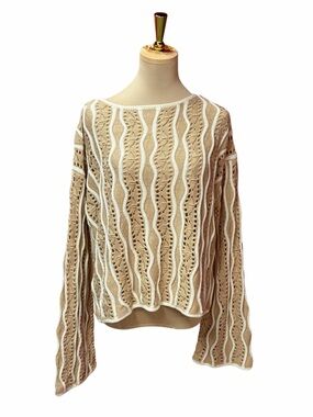 NWT Everyday Chic Beige Crochet Knit Sweater White Trim Boho Cottagecore Small
